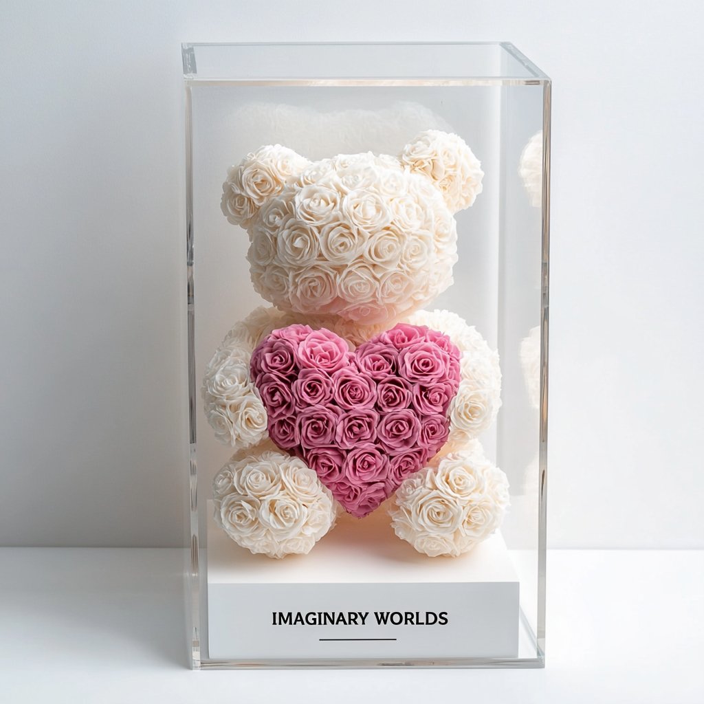 White Rose Bear with Pink Roses Heart - Imaginary Worlds