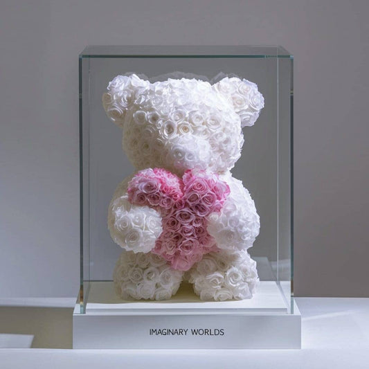 White Rose Bear with Pink Roses Heart - Imaginary Worlds