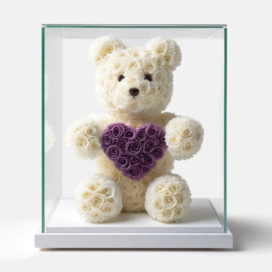 White Rose Bear with Purple Roses Heart - Imaginary Worlds