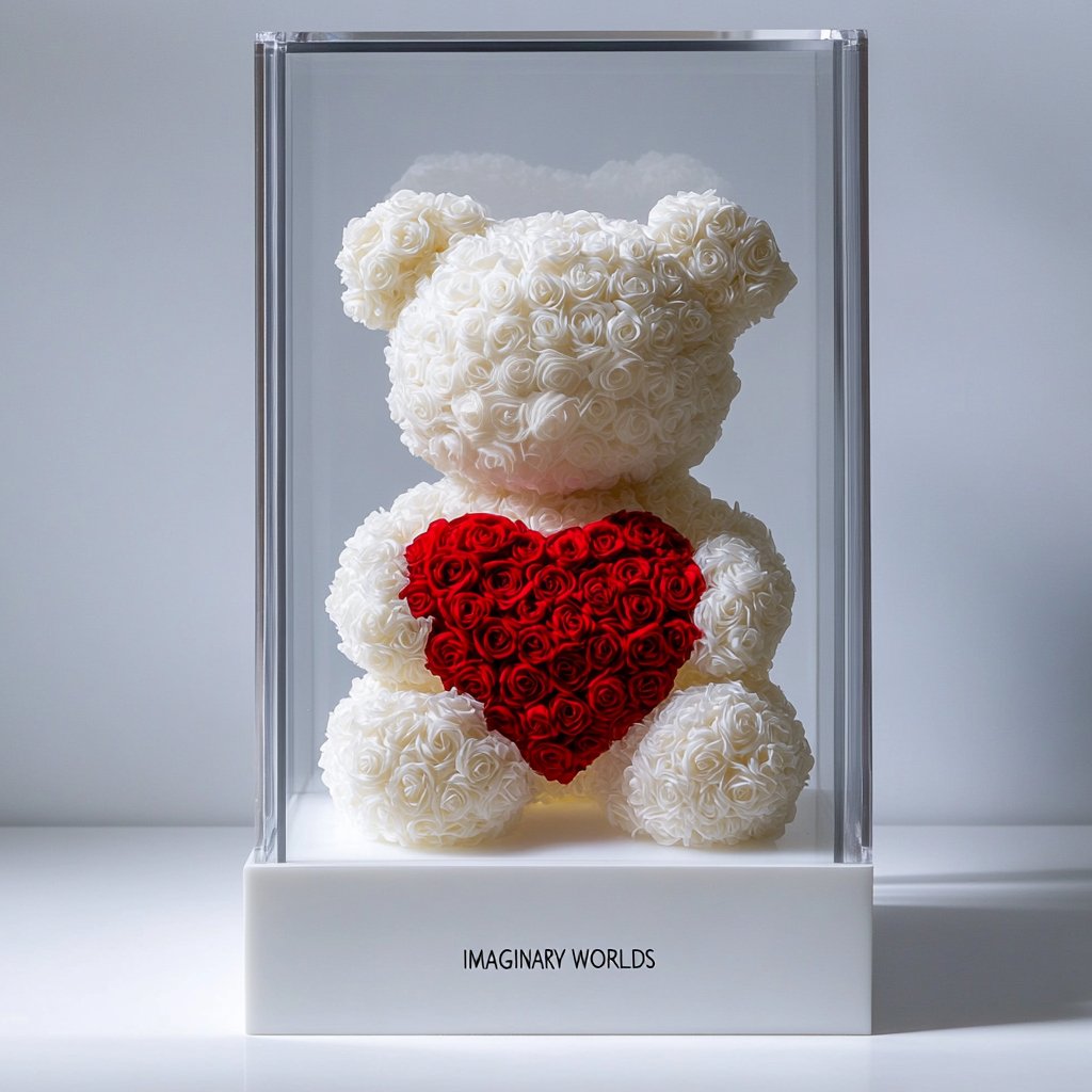 White Rose Bear with Red Roses Heart - Imaginary Worlds