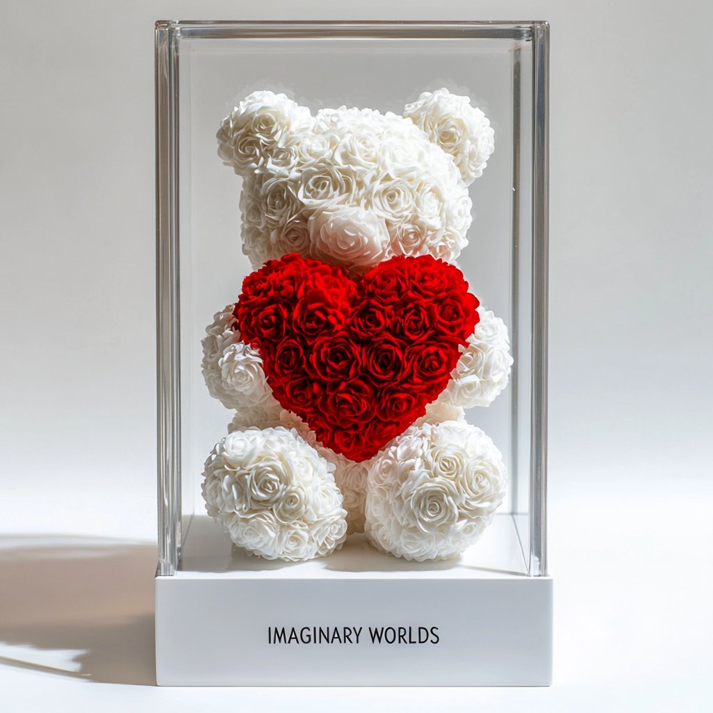 White Rose Bear with Red Roses Heart - Imaginary Worlds