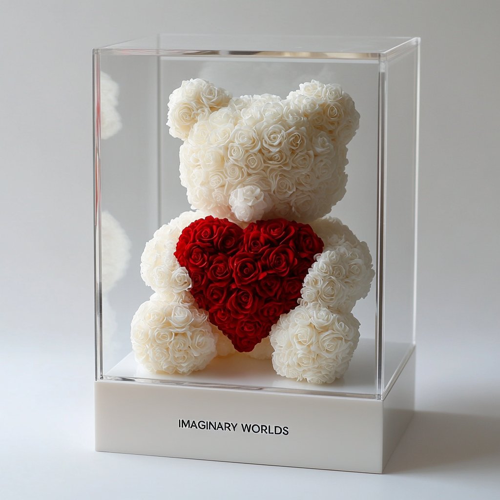 White Rose Bear with Red Roses Heart - Imaginary Worlds