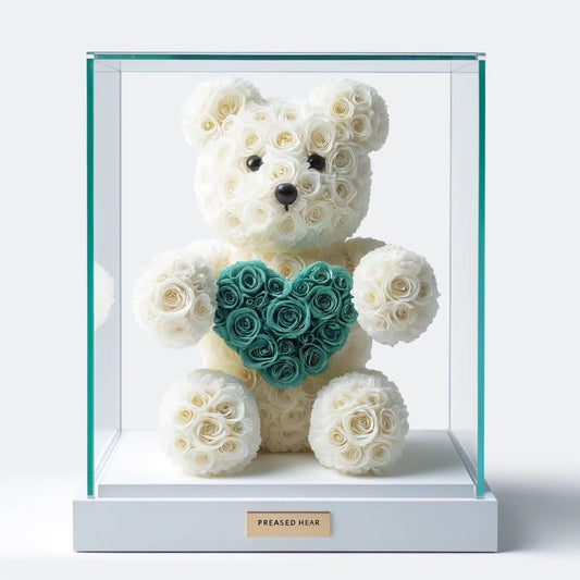 White Rose Bear with Teal Roses Heart - Imaginary Worlds