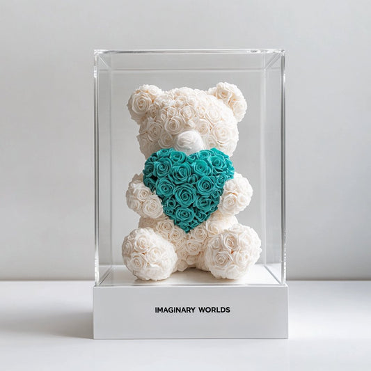 White Rose Bear with Teal Roses Heart - Imaginary Worlds