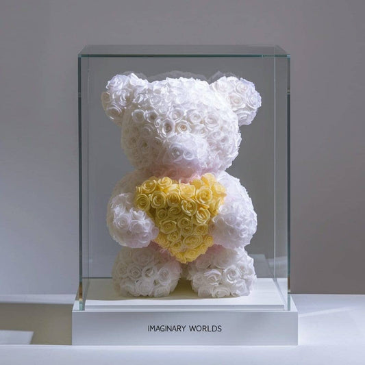 White Rose Bear with Yellow Roses Heart - Imaginary Worlds