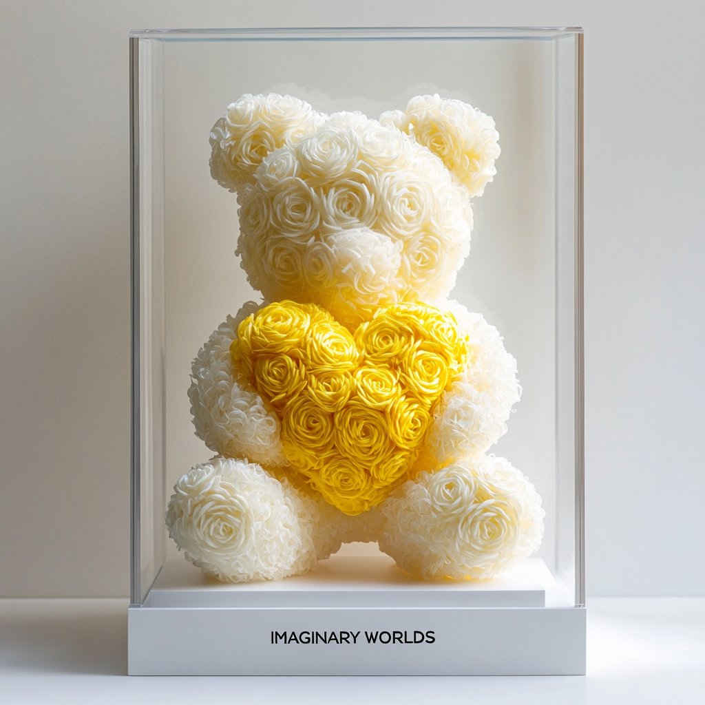 White Rose Bear with Yellow Roses Heart - Imaginary Worlds