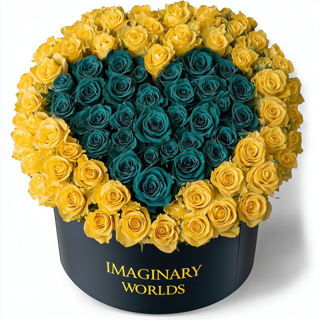 Yellow Ramo Yellow Ramo Buchon with Teal Rose Heart – Preserved Roses at Imaginary ...