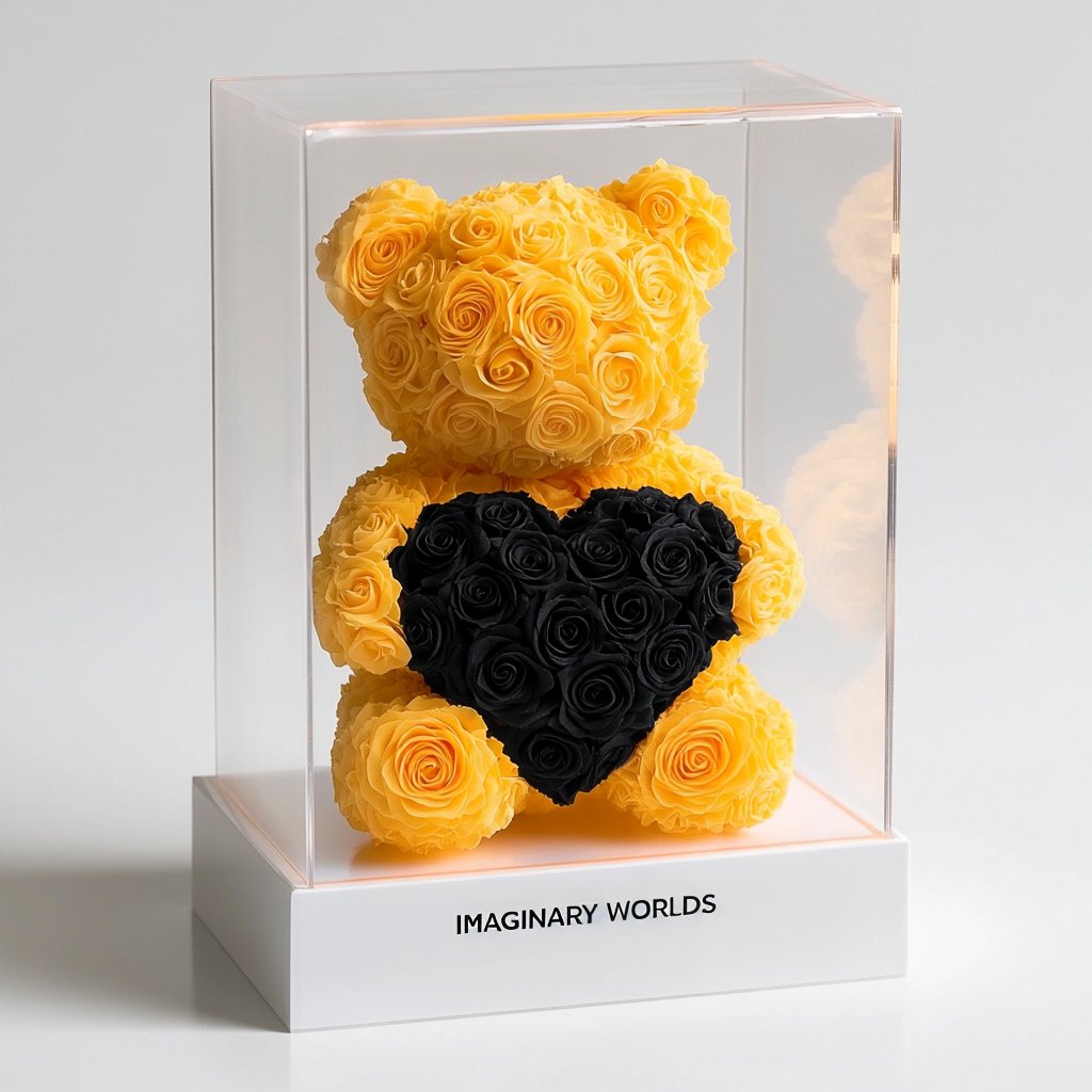 Yellow Rose Bear with Black Roses Heart - Imaginary Worlds