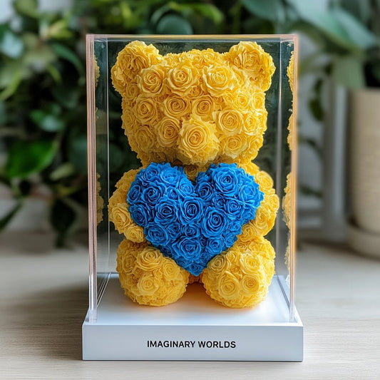 Yellow Rose Bear with Blue Roses Heart - Imaginary Worlds