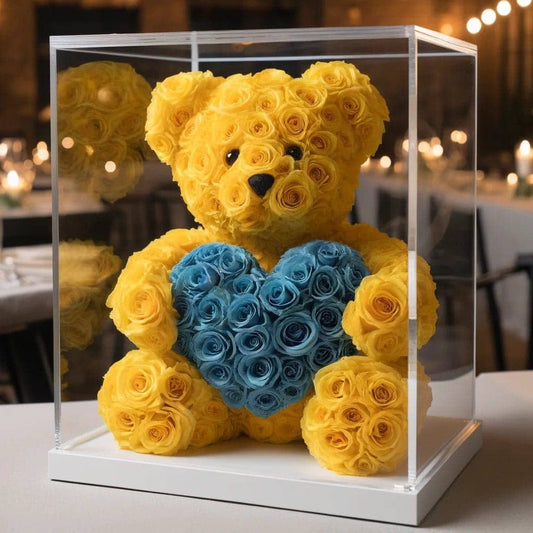 Yellow Rose Bear with Blue Roses Heart - Imaginary Worlds