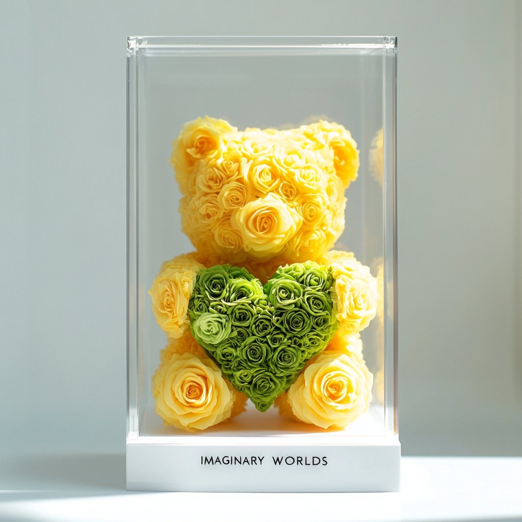 Yellow Rose Bear with Green Roses Heart - Imaginary Worlds