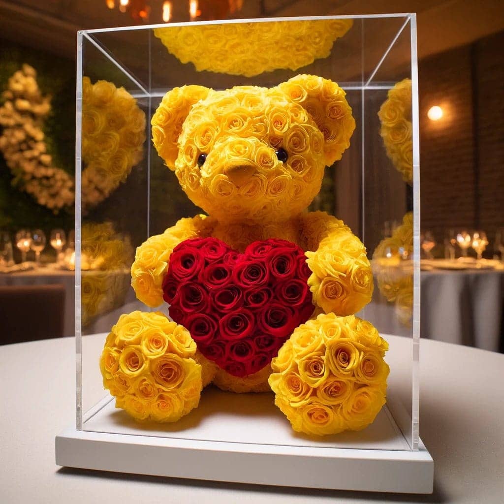 Yellow Rose Bear with Red Roses Heart - Imaginary Worlds