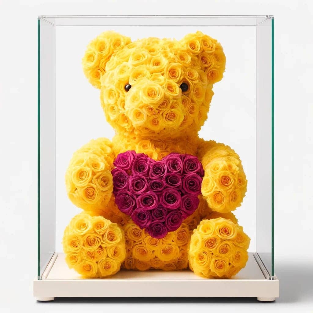 Yellow Rose Bear with Red Roses Heart - Imaginary Worlds