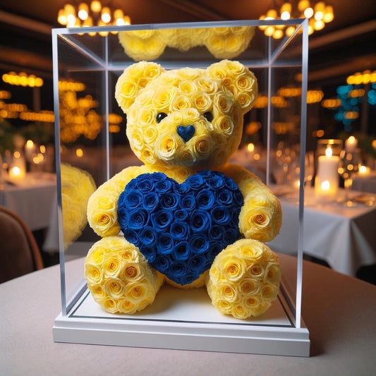 Yellow Rose Bear with Royal Blue Roses Heart - Imaginary Worlds