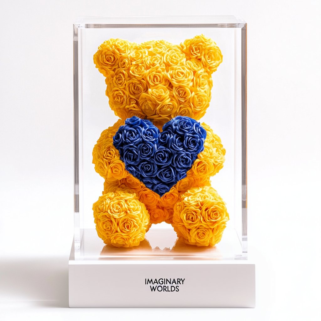 Yellow Rose Bear with Royal Blue Roses Heart - Imaginary Worlds