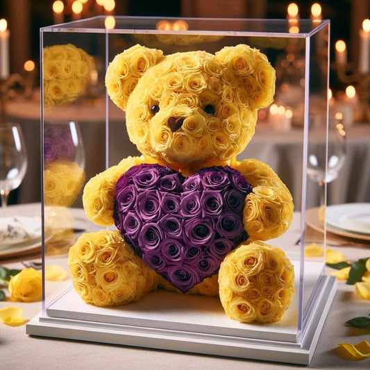 Yellow Rose Bear with Royal Purple Roses Heart - Imaginary Worlds