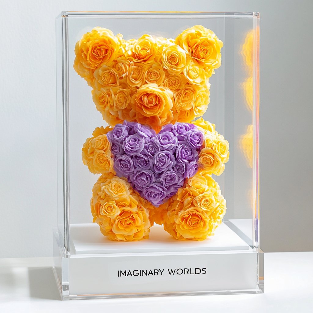 Yellow Rose Bear with Royal Purple Roses Heart - Imaginary Worlds